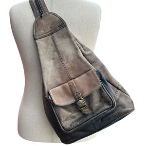 Vtg Brown Leather Sling Backpack Teardrop Shape Crossbody Daypack Cottagecore